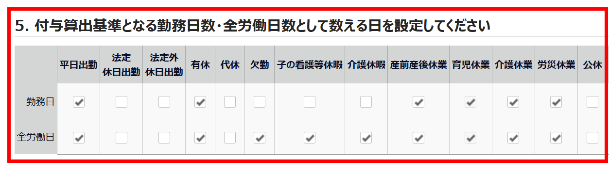 有休付与関連設定画面の「5. 付与算出基準となる勤務日数・全労働日数として数える日を設定してください」部分のスクリーンショット