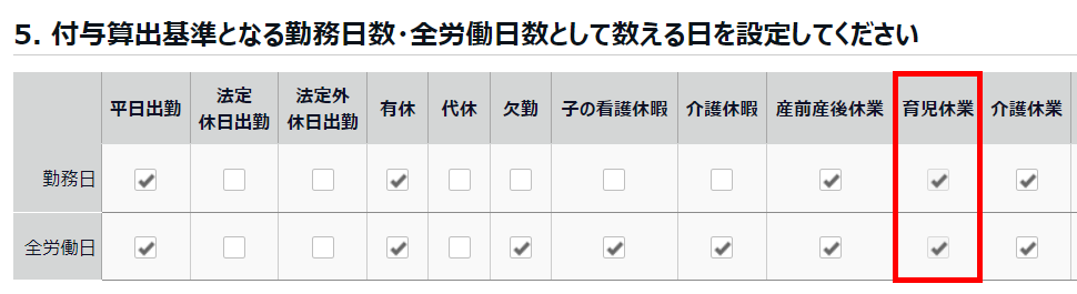 「付与算出基準となる勤務日数・全労働日数として数える日」内の「育児休業」の「勤務日」と「全労働日」を指し示すスクリーンショット