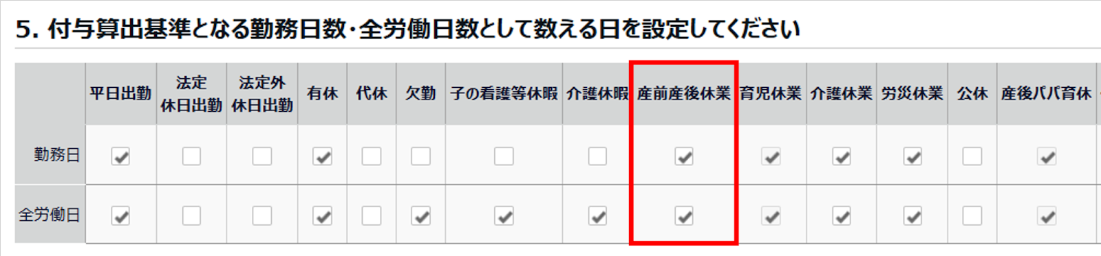 「付与算出基準となる勤務日数・全労働日数として数える日を設定してください」の表にて、「産前産後休業」の「勤務日」と「全労働日」にチェックが入っているスクリーンショット