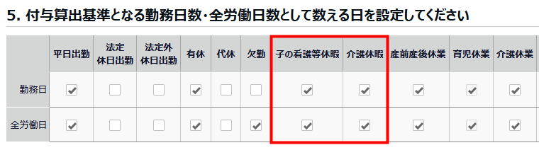 有休付与関連設定画面の「5. 付与算出基準となる勤務日数・全労働日数として数える日を設定してください」部分のスクリーンショット