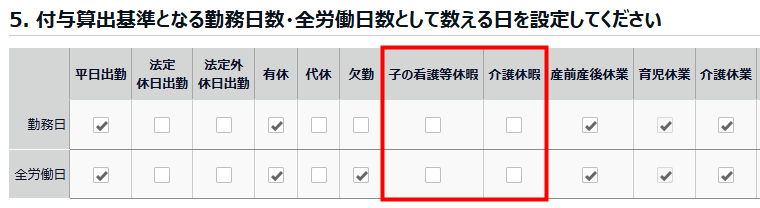 有休付与関連設定画面の「5. 付与算出基準となる勤務日数・全労働日数として数える日を設定してください」部分のスクリーンショット