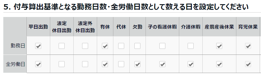 「5. 付与算出基準となる勤務日数・全労働日数として数える日を設定してください」部分のスクリーンショット