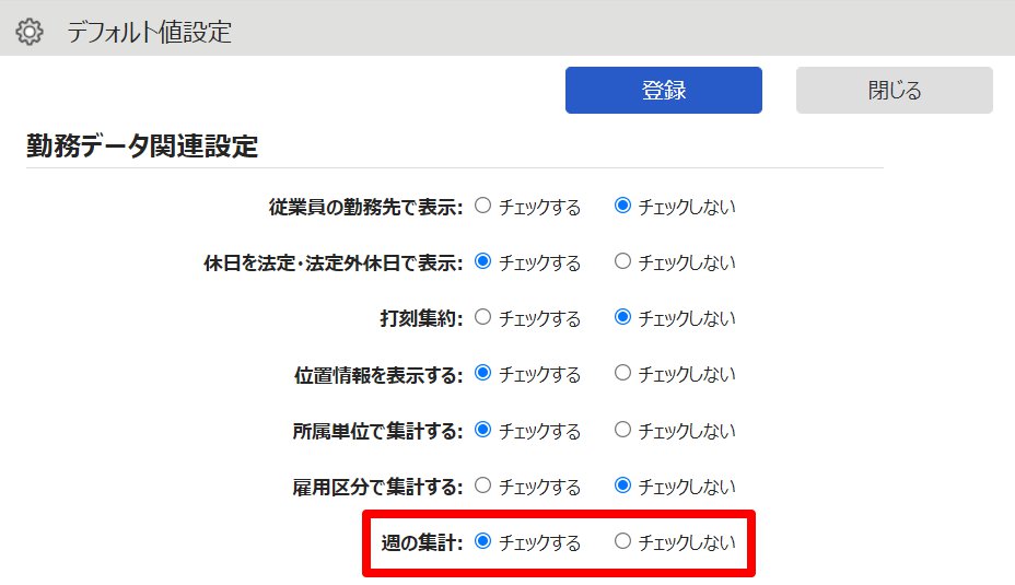 デフォルト値設定画面の「週の集計」を指し示しているスクリーンショット