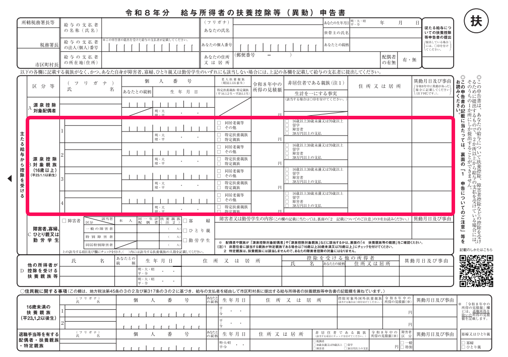 扶養控除等申告書の「B 源泉控除対象親族（16歳以上）」欄を指し示しているスクリーンショット