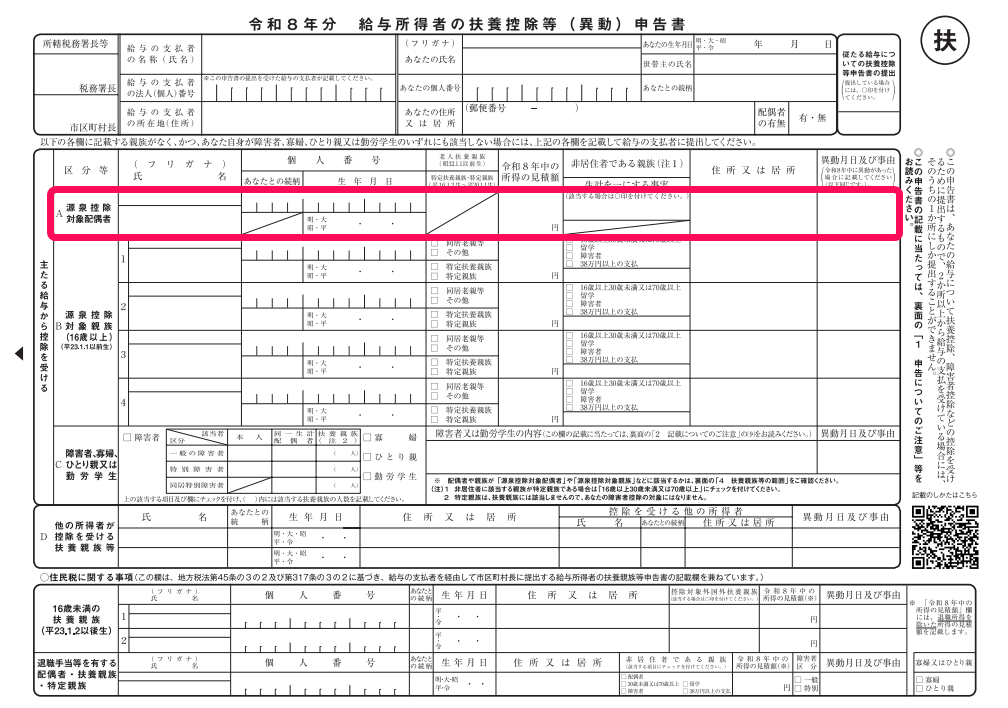 扶養控除等申告書の「A 源泉控除対象配偶者」欄を指し示しているスクリーンショット