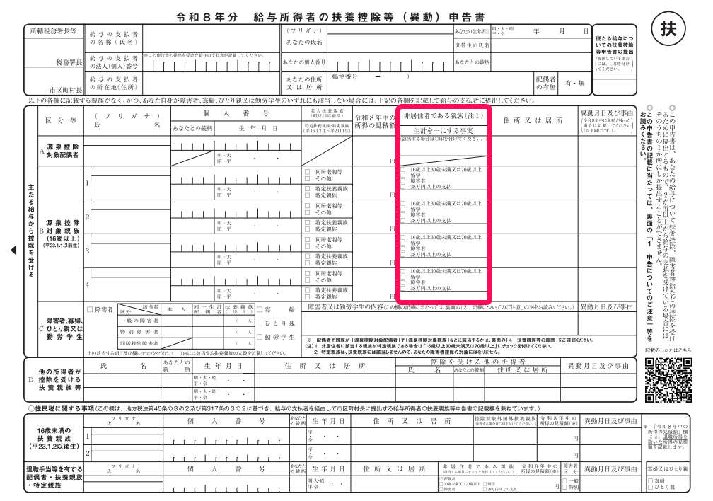 扶養控除等申告書の「非居住者である親族」欄を指し示しているスクリーンショット