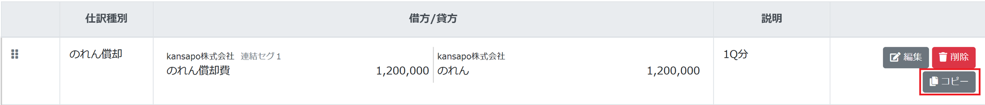 コピーボタンを指し示すスクリーンショット