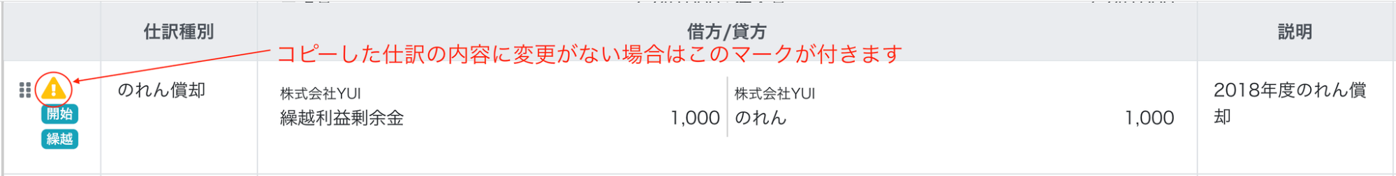 注意マークを指し示すスクリーンショット