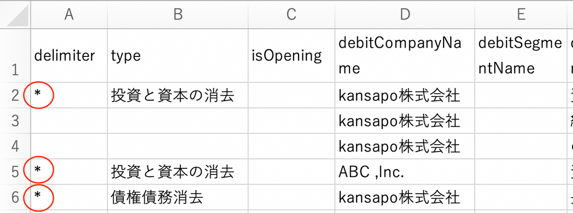 アスタリスクマークを指し示すスクリーンショット