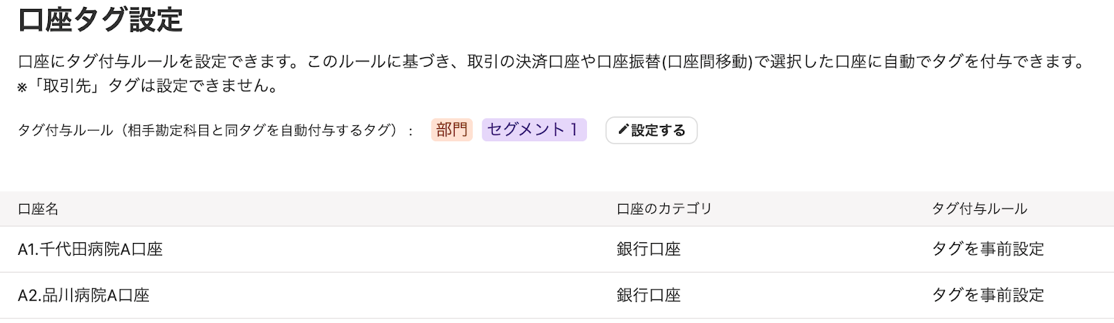 口座タグ設定画面のスクリーンショット