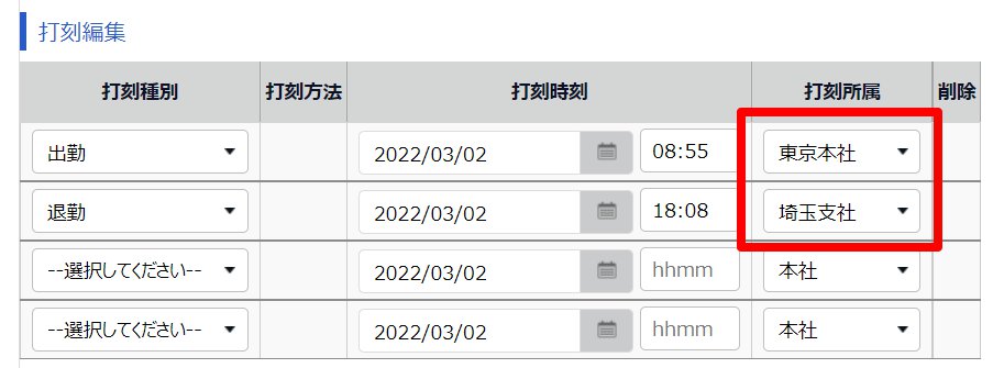 勤務データ編集画面の「打刻編集」部分のスクリーンショット