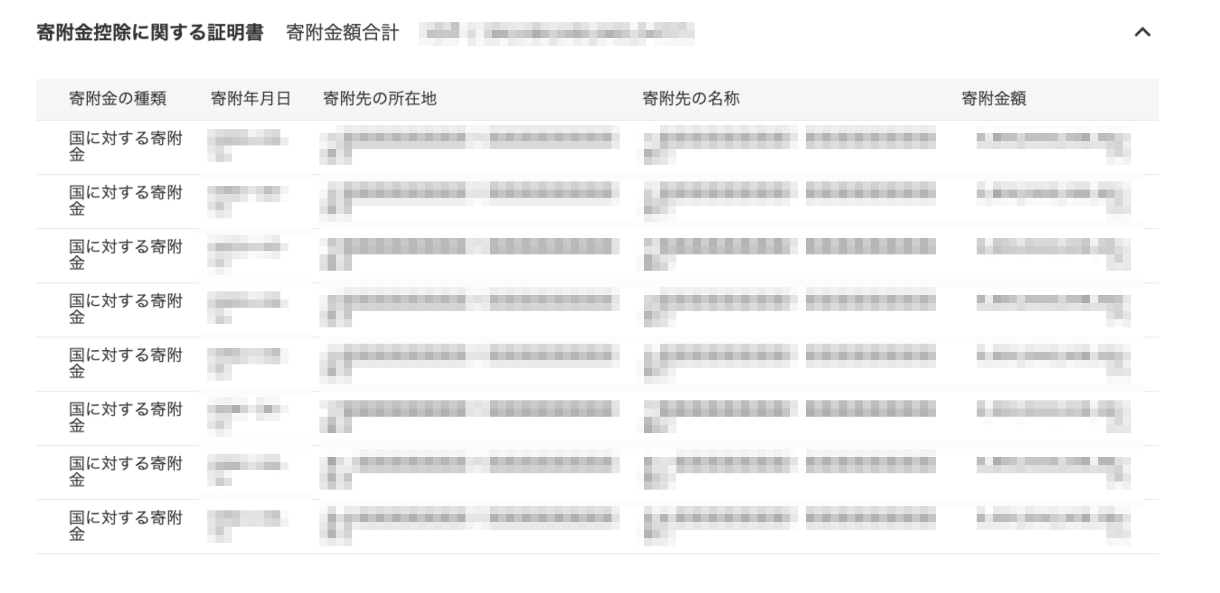 寄附金控除に関する証明書画面のスクリーンショット
