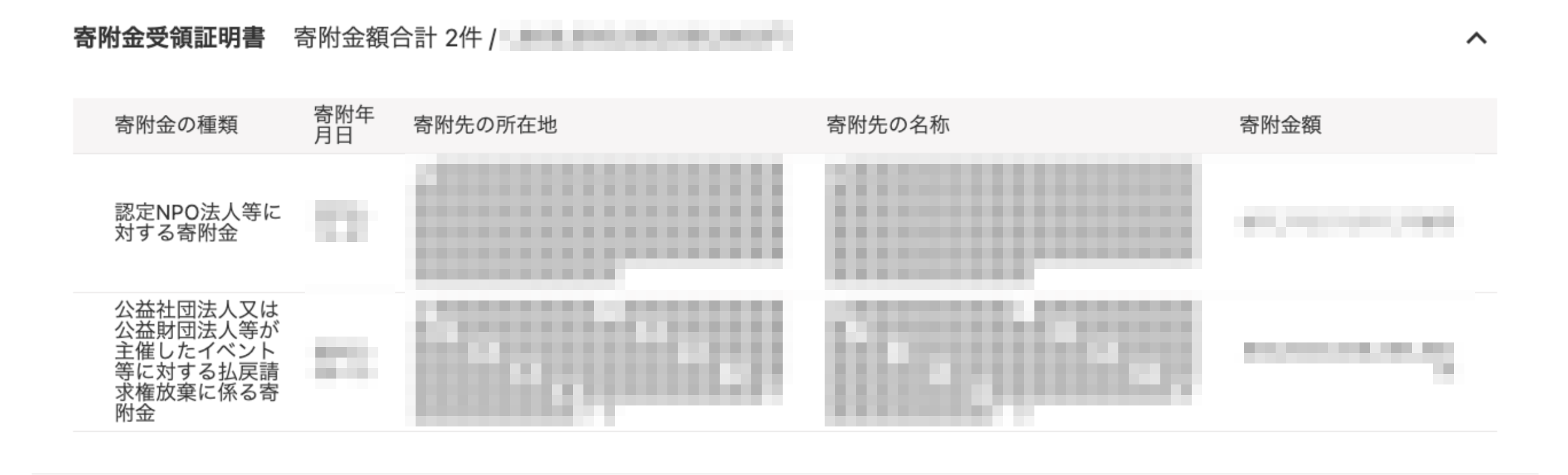 寄附金受領証明書画面のスクリーンショット