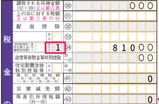 区分2に1が反映されている箇所を指し示すスクリーンショット