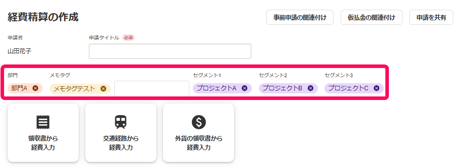 部門・タグ類を指し示すスクリーンショット