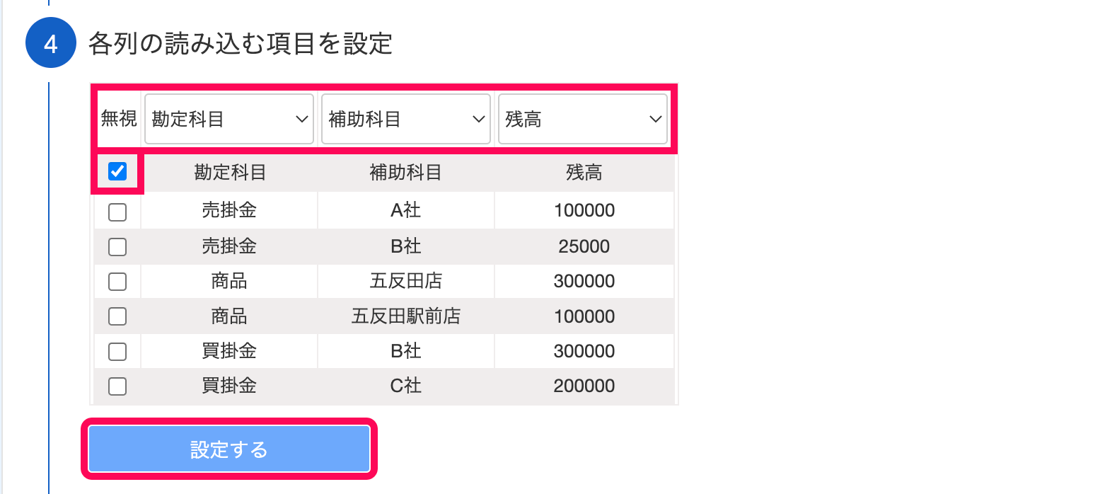 「各列の読み込む項目を設定」項目にて、CSVファイルの各列の項目を対応させ、［設定する］ボタンをクリックしているスクリーンショット