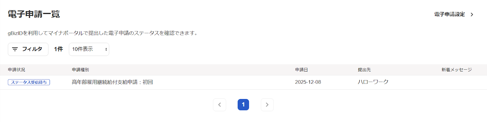 電子申請一覧画面のスクリーンショット
