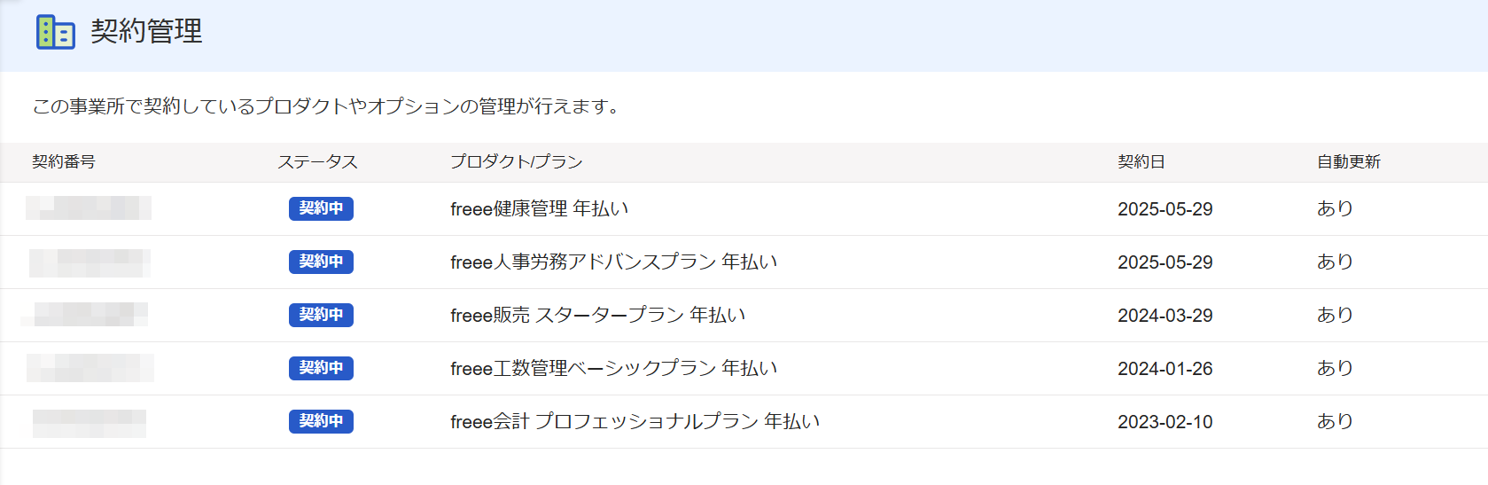 契約管理画面のスクリーンショット