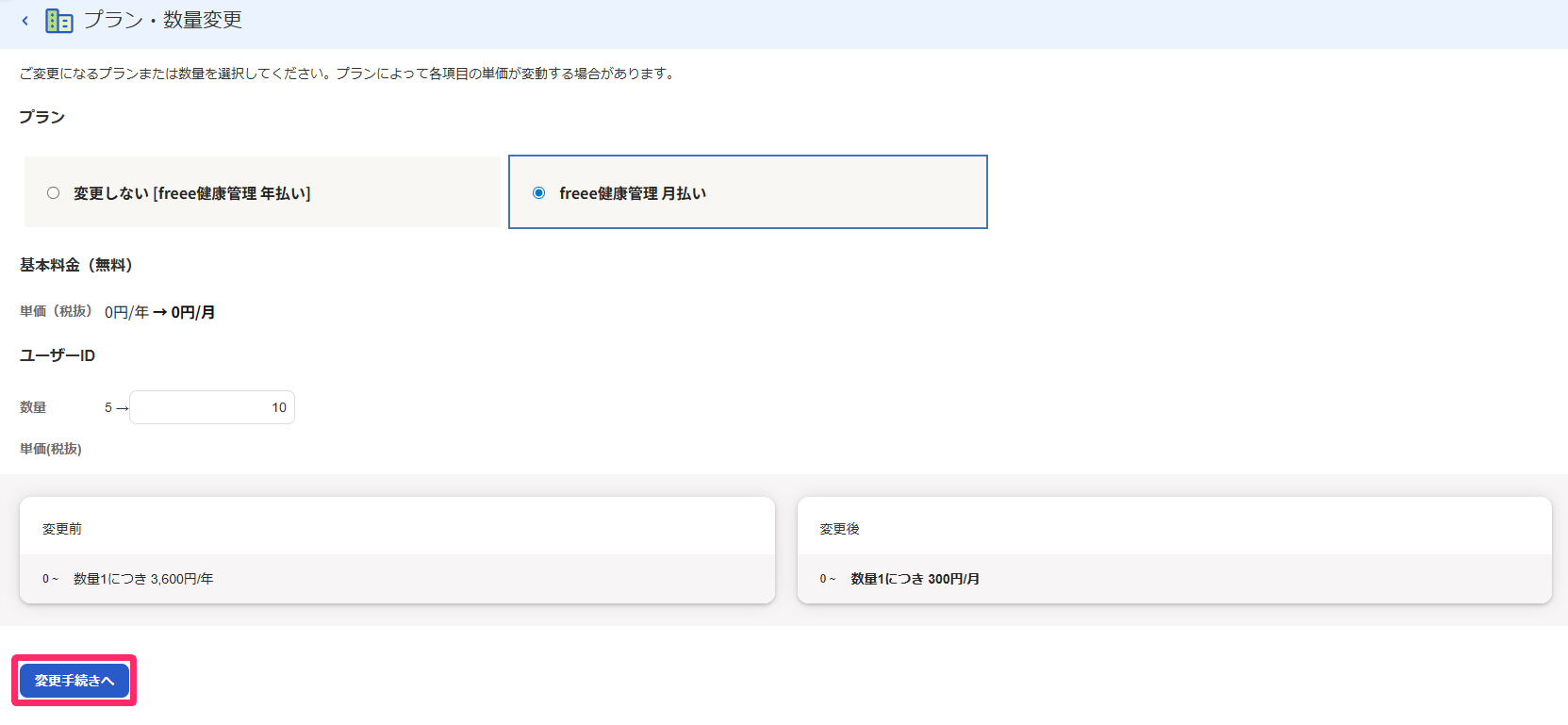 プラン・数量変更画面で［変更手続きへ］を指し示すスクリーンショット