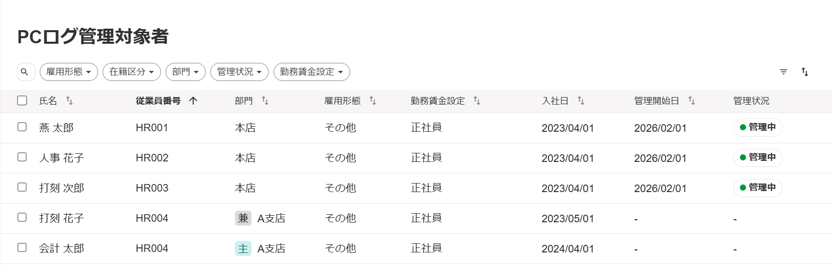 管理対象に選択した従業員の管理状況の「管理中」が表示されている画面のスクリーンショット