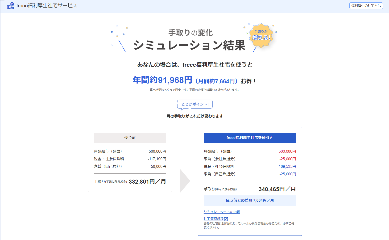 かんたんシミュレーターの試算結果画面のスクリーンショット