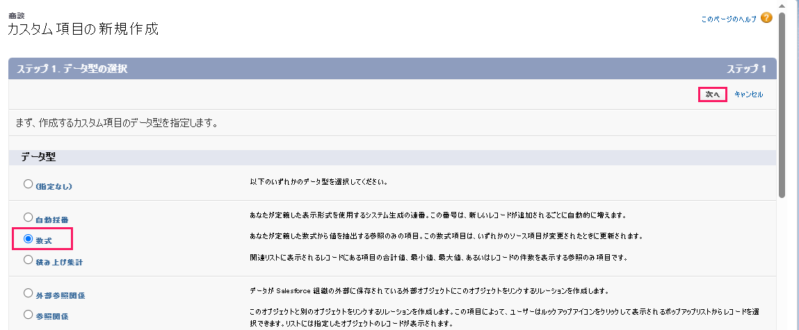 「ステップ1. データ型の選択」で［数式］と［次へ］を指し示すスクリーンショット