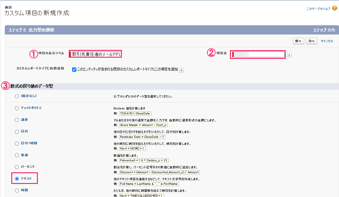 「ステップ2. 出力型の選択」画面のスクリーンショット