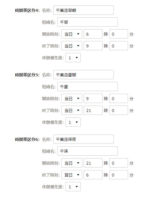 時間帯区分登録画面の「区分4～6」部分のスクリーンショット