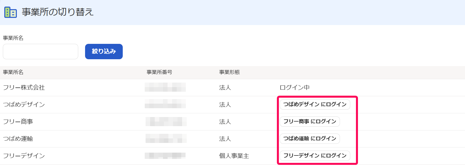 〇〇にログインボタンを赤枠で囲っている画面のスクリーンショット