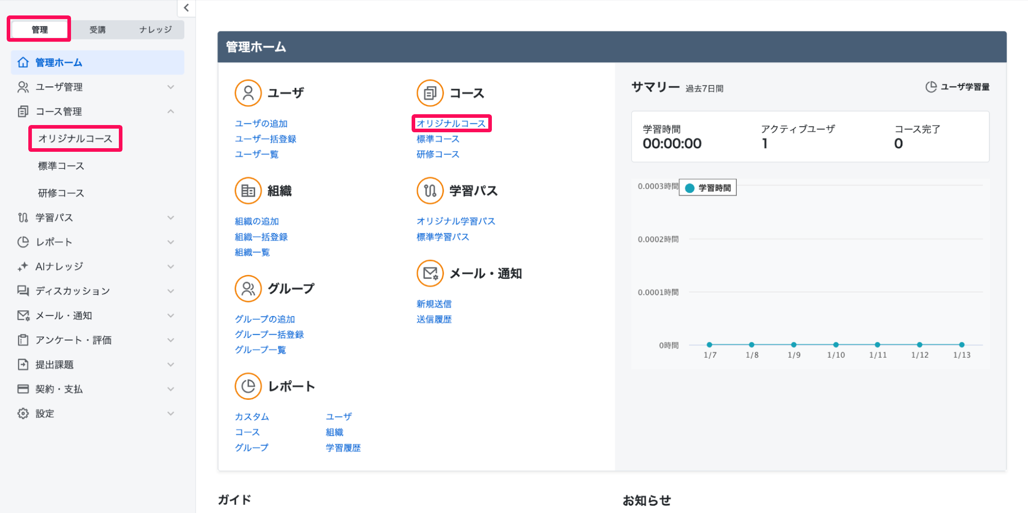 管理ホーム画面でオリジナルコースを指し示しているスクリーンショット