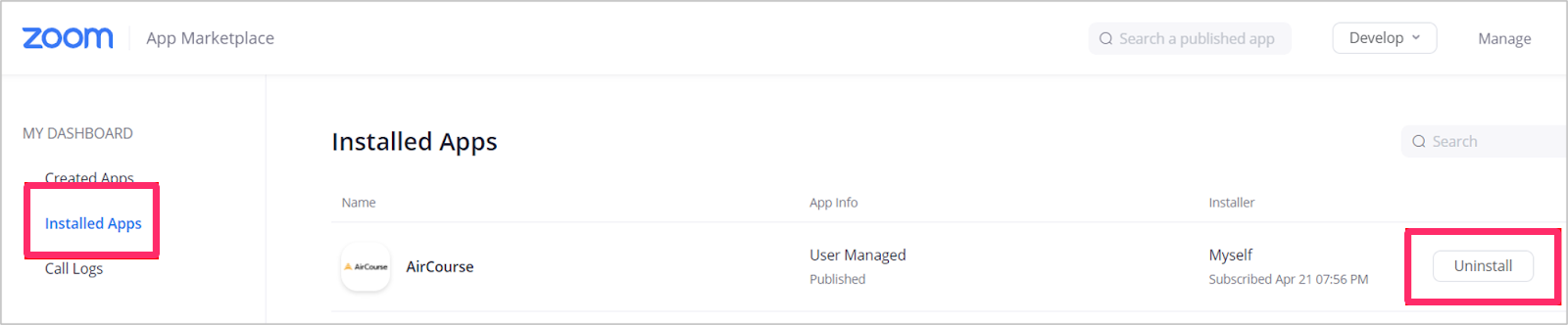 ［Installed Apps］と［アンインストール］を指し示すスクリーンショット