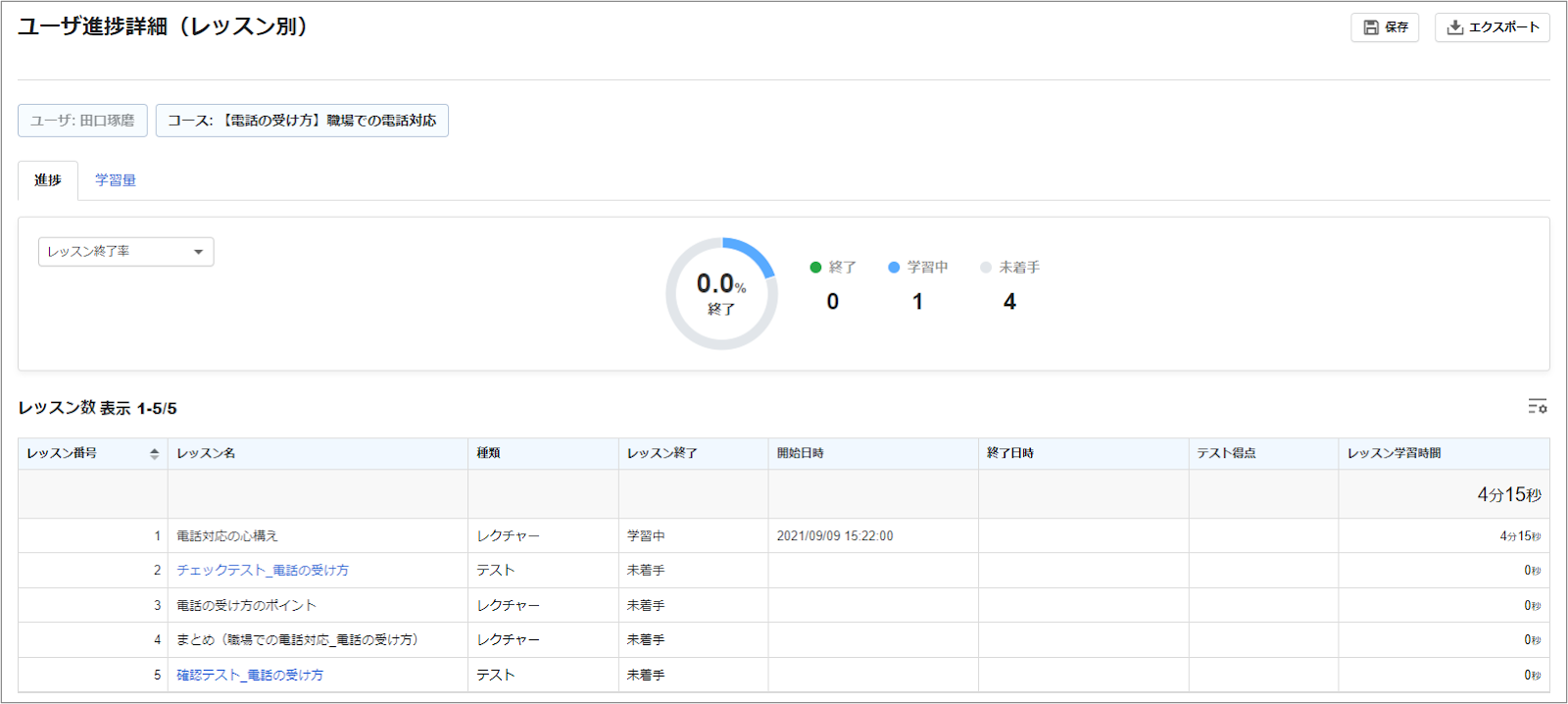 ユーザ進捗詳細（レッスン別）レポートが表示された画面のスクリーンショット
