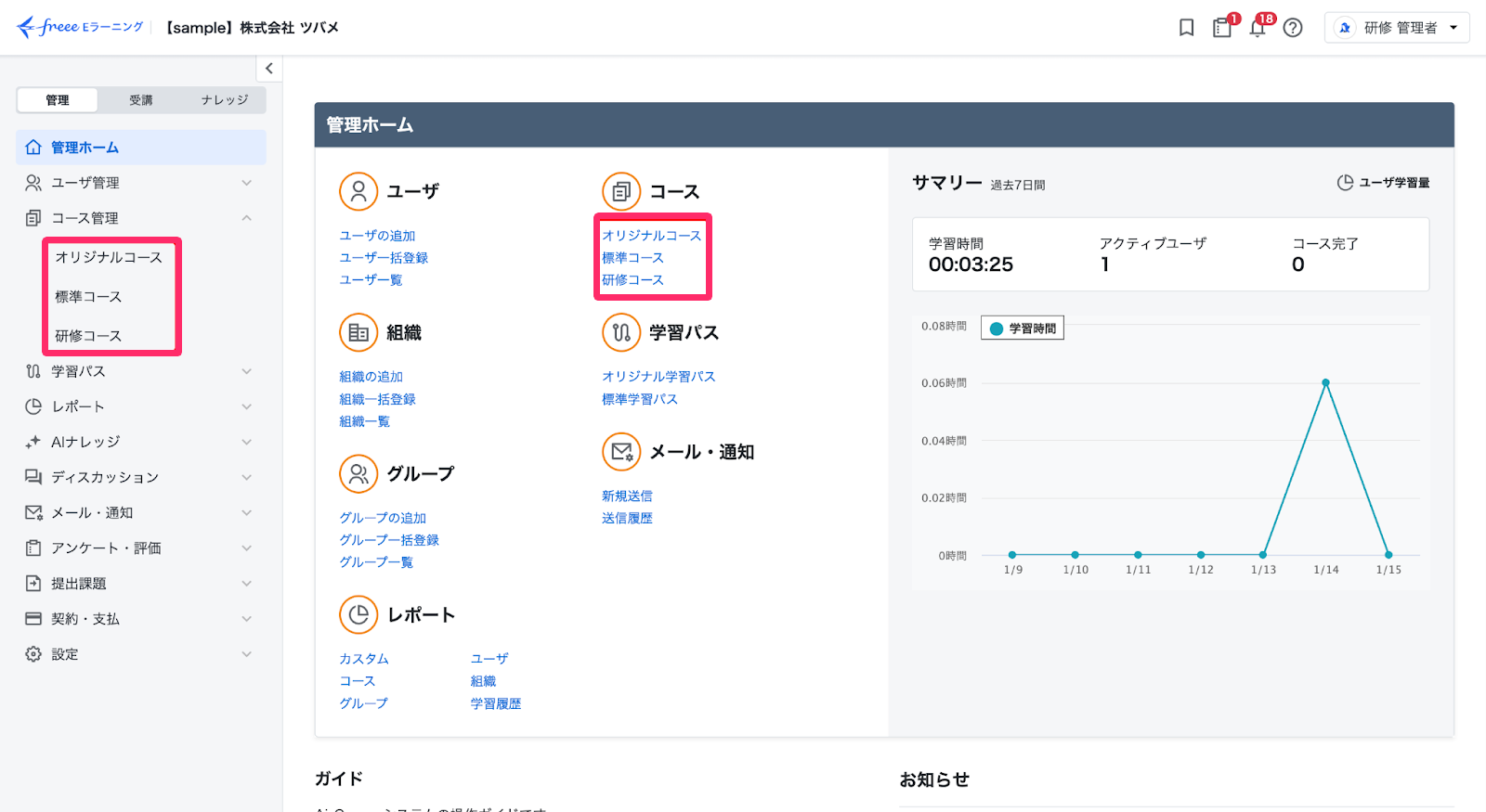 管理ホーム画面の「コース」内を指し示しているスクリーンショット