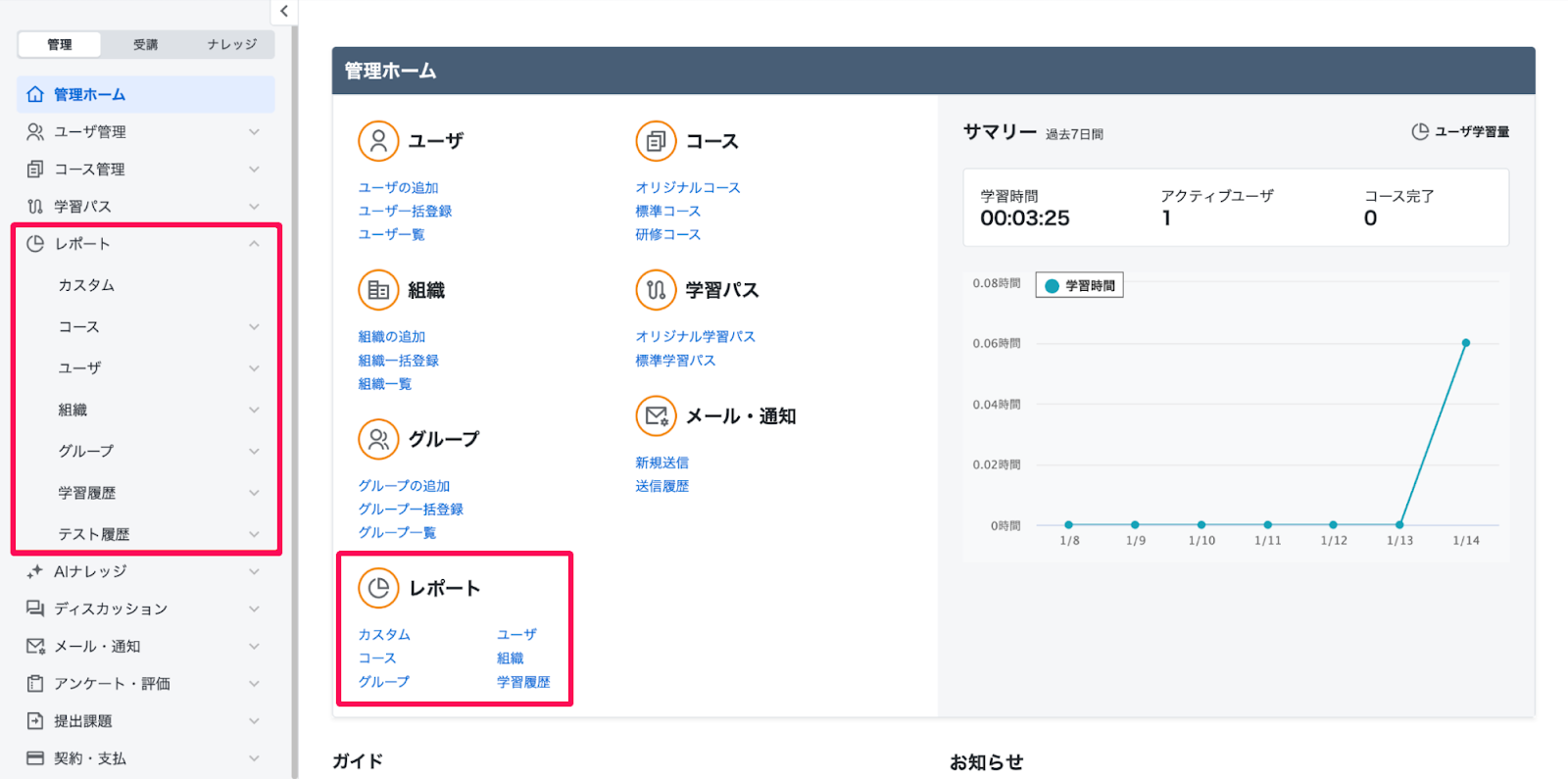 ［レポート］を指し示すスクリーンショット