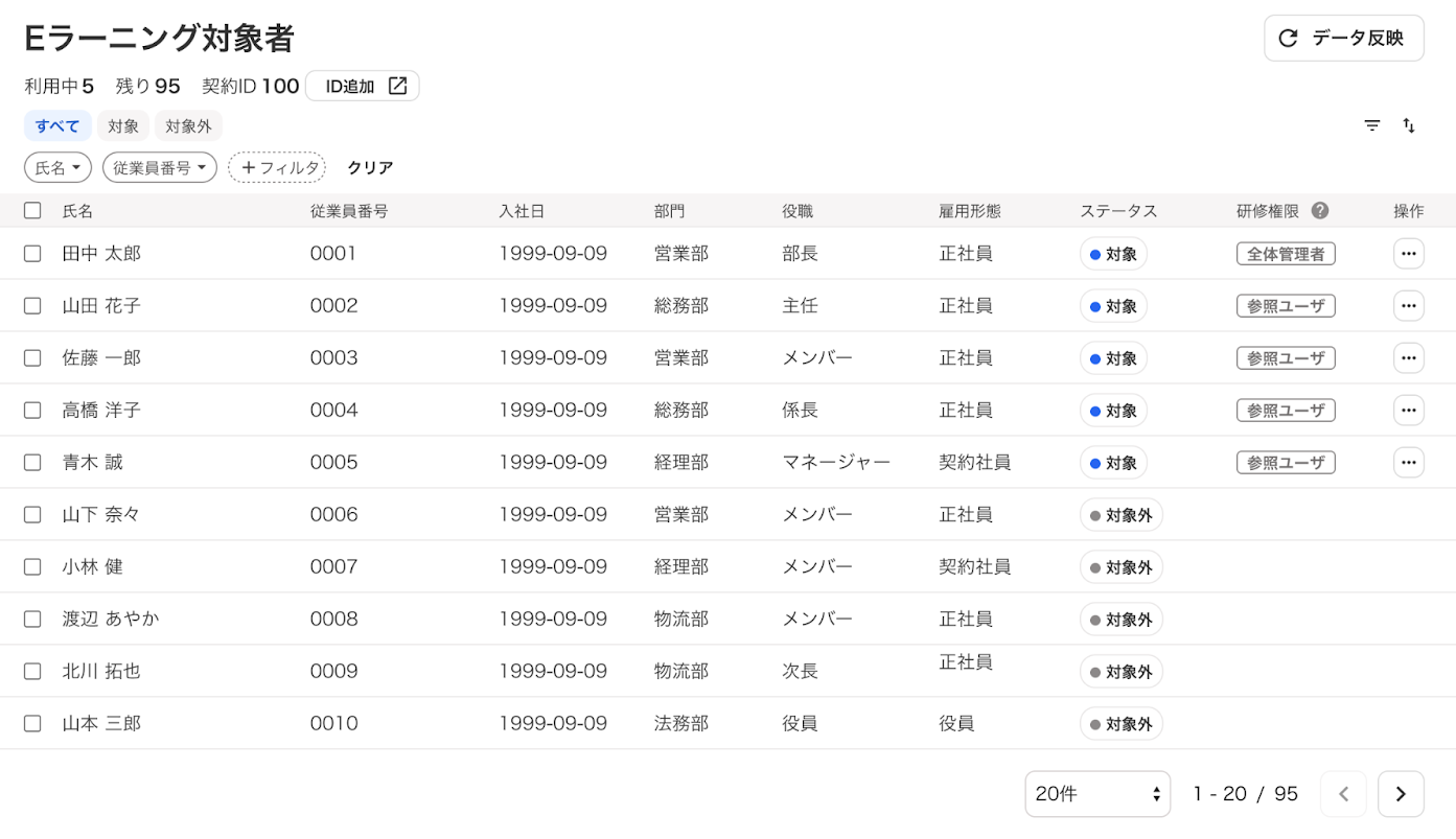 「Eラーニング対象者設定」画面のスクリーンショット