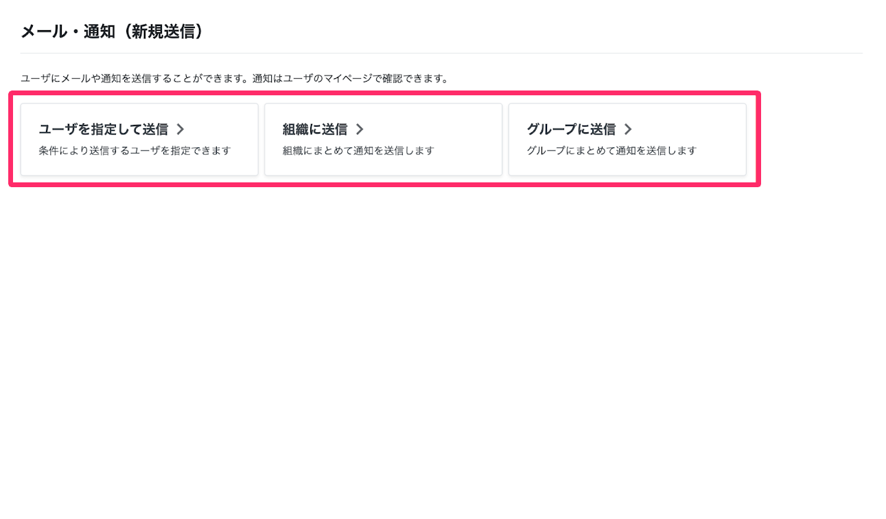 ［ユーザを指定して送信］と［組織に送信］と［グループ送信］を指し示すスクリーンショット