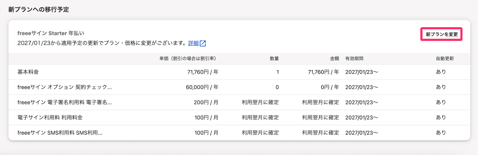 契約詳細画面で［新プランを変更］ボタンを指し示すスクリーンショット