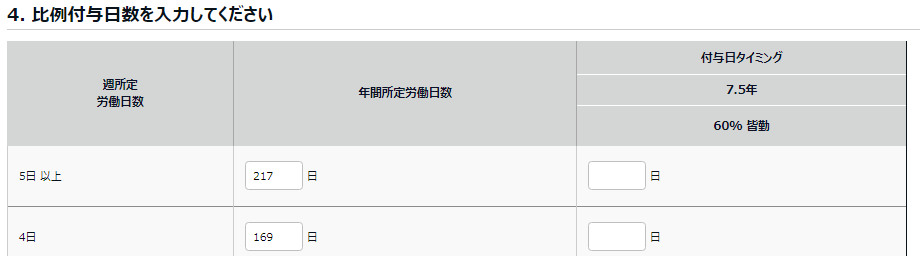 有休付与関連設定画面の「4. 比例付与日数を入力してください」部分のスクリーンショット