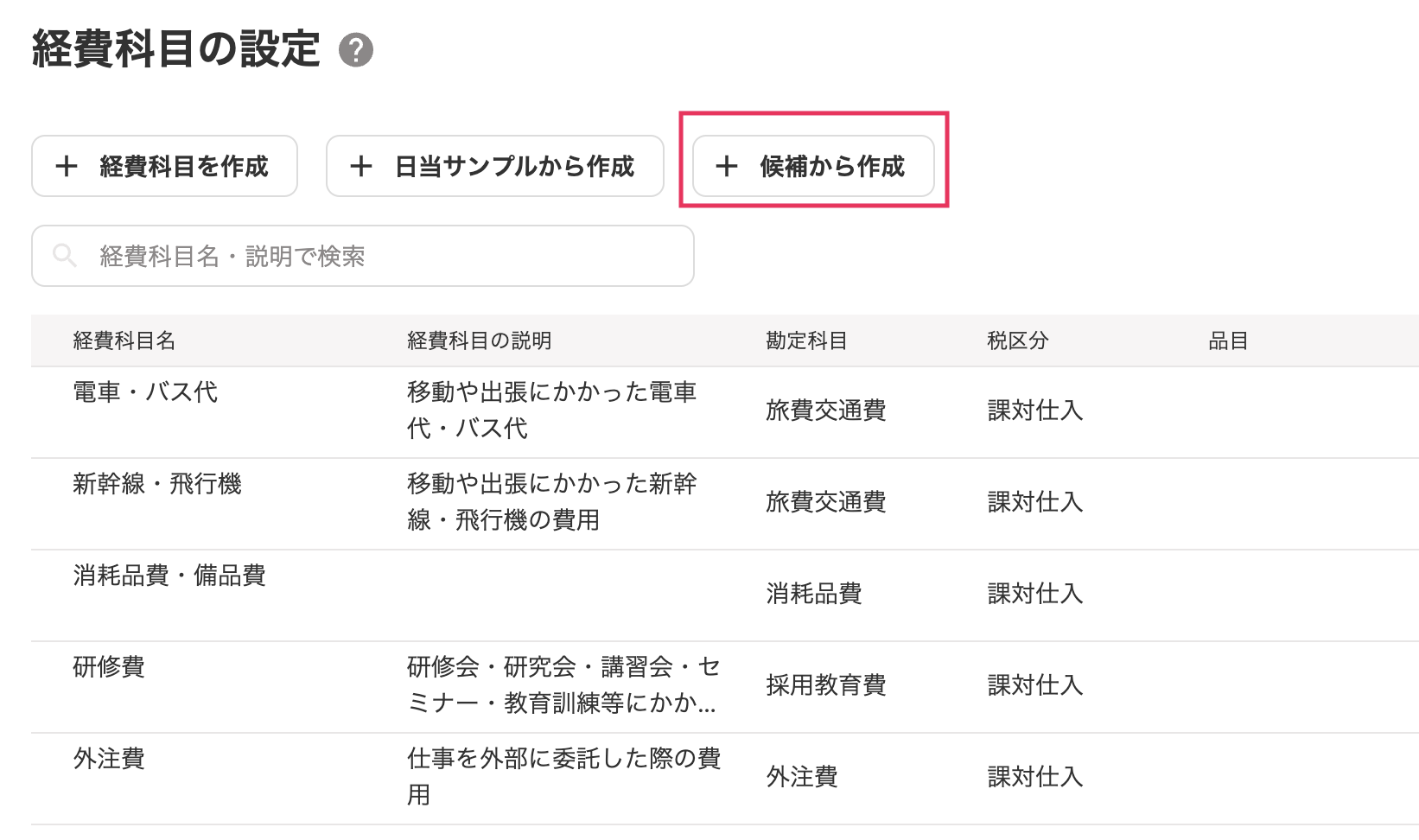 候補から作成ボタンを指し示しているスクリーンショット