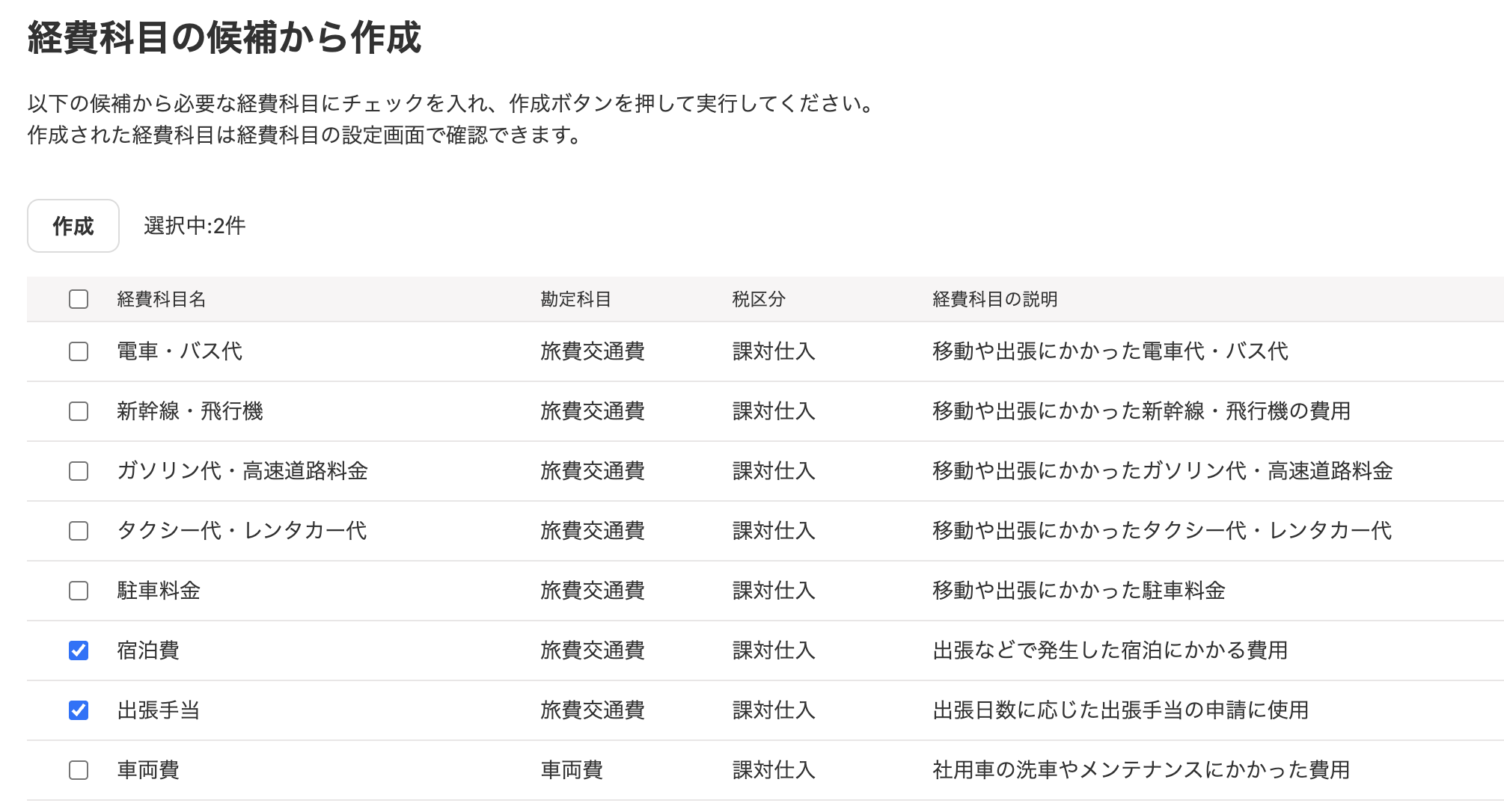 経費科目の候補から作成画面のスクリーンショット