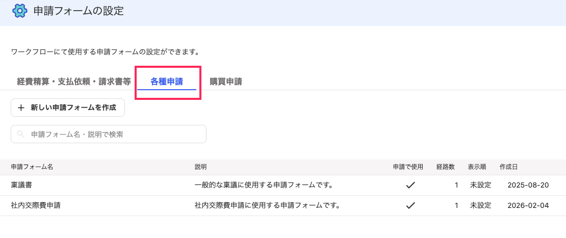 各種申請タブを赤枠で囲っている画面のスクリーンショット