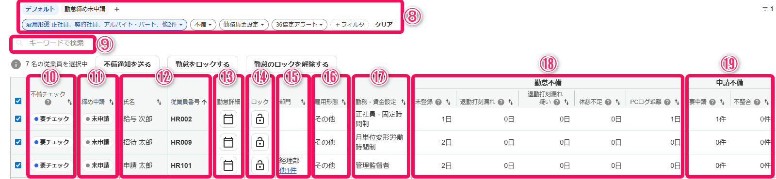 勤怠モニター画面のスクリーンショット