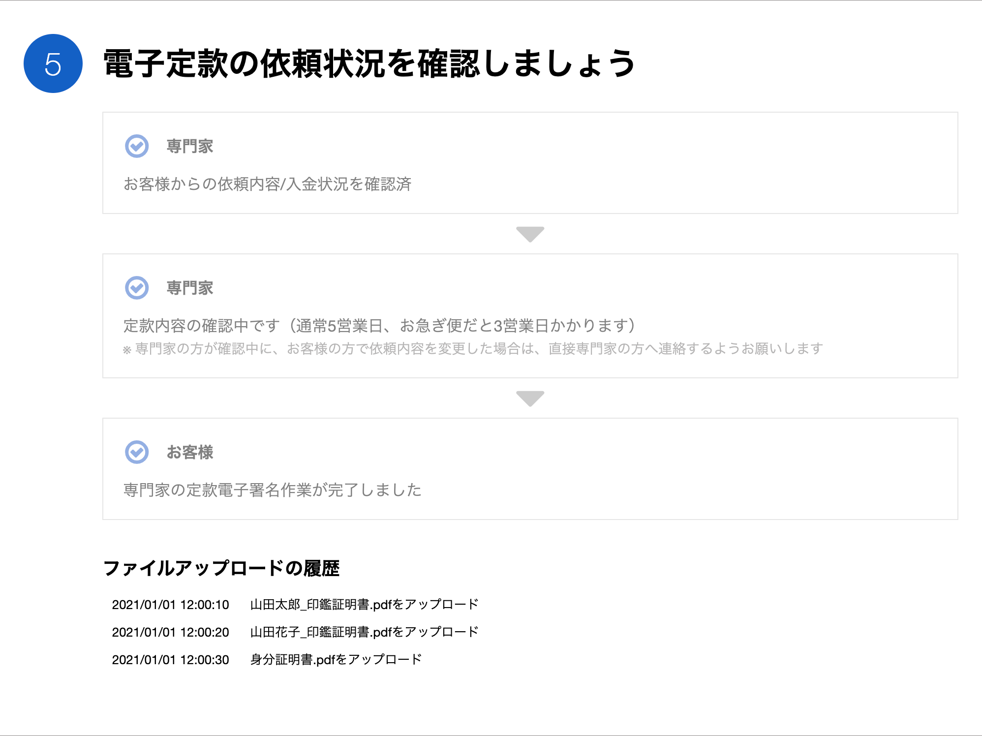 「電子定款の依頼状況を確認しましょう」カードのスクリーンショット