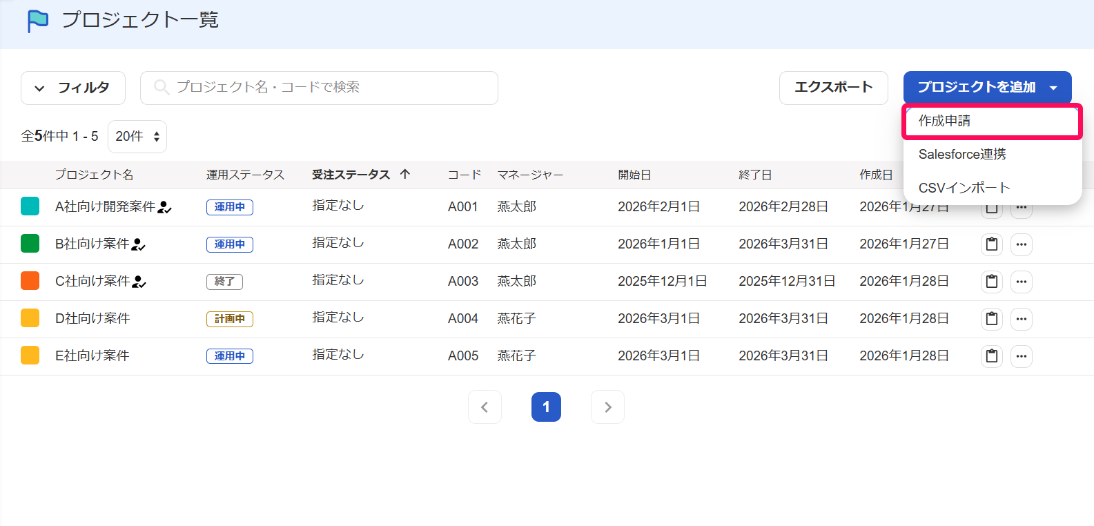 プロジェクト一覧画面の［プロジェクトを追加］→ ［作成申請］を指し示しているスクリーンショット