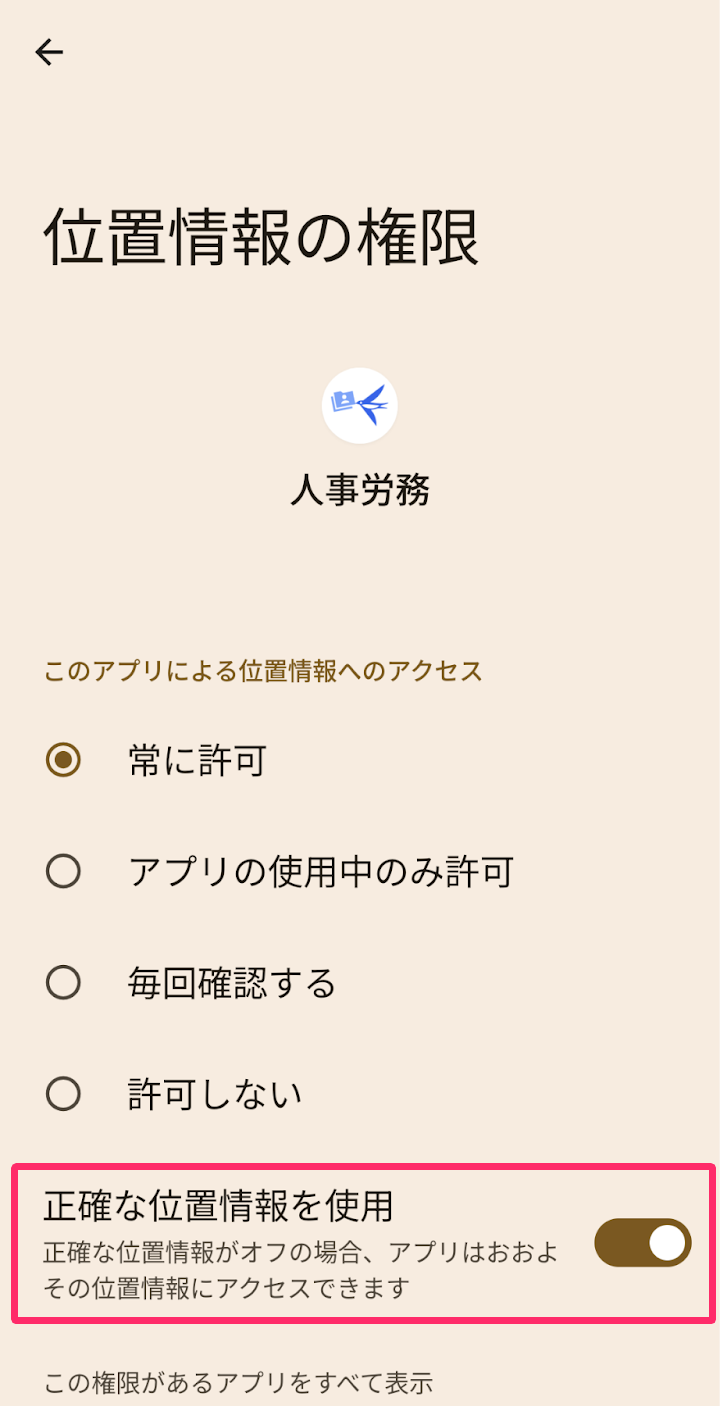 位置情報の権限画面で［正確な位置情報を使用］を指し示しているスクリーンショット