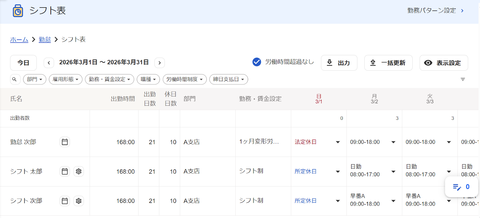シフト表のスクリーンショット