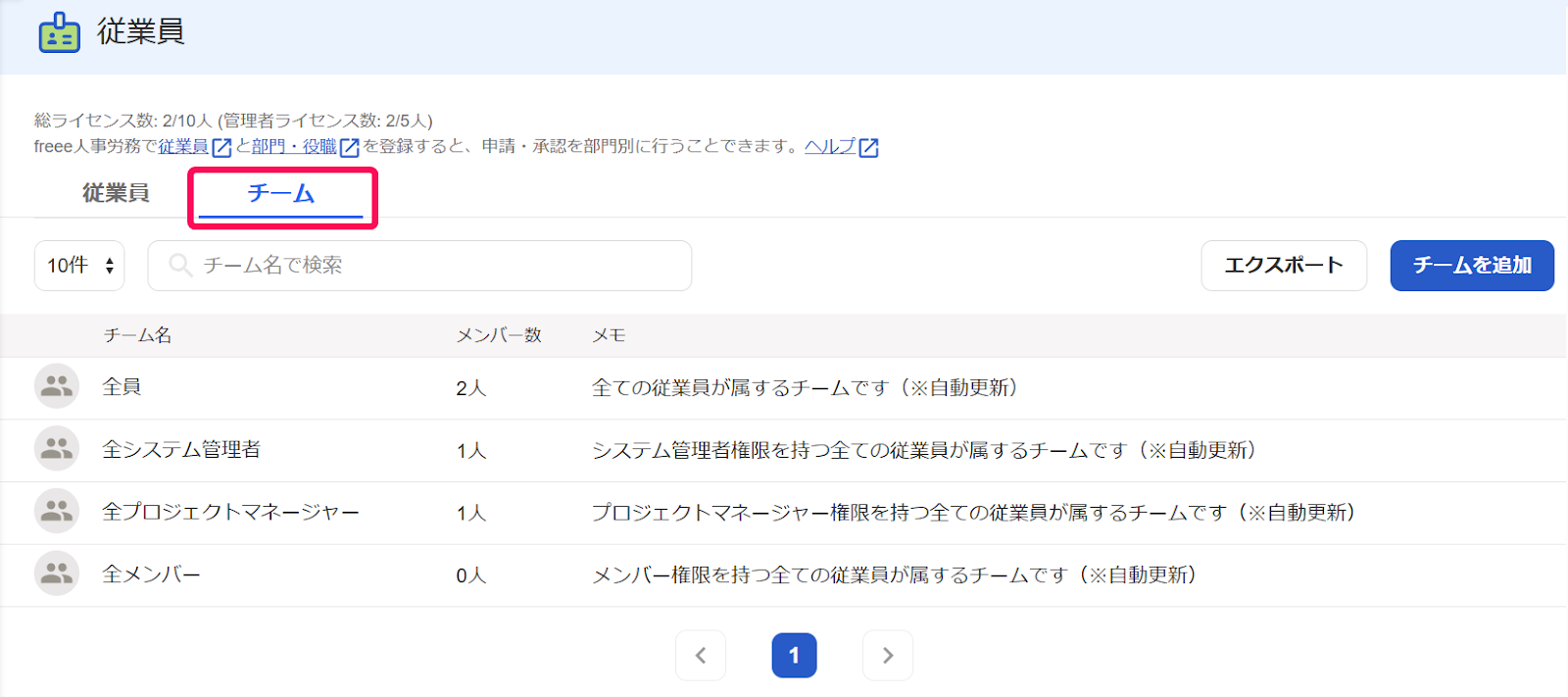 従業員メニュー内のチームタブを指し示すスクリーンショット