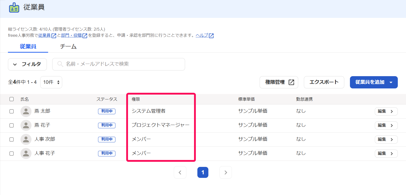 従業員画面の各従業員の権限を指し示しているスクリーンショット
