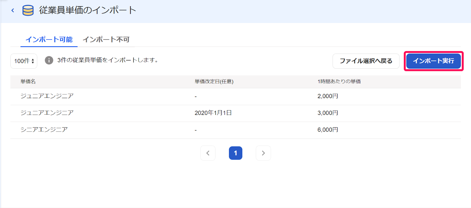 従業員単価確認画面のインポート実行ボタンを指示しているスクリーンショット