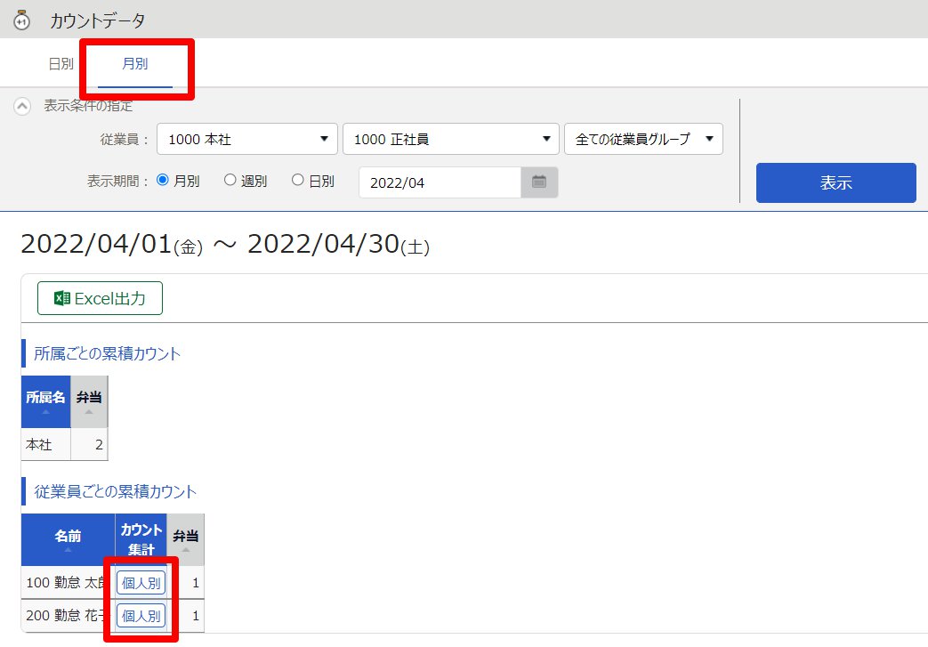 ［月別］のカウントデータ画面の［個人別］ボタンを指し示しているスクリーンショット
